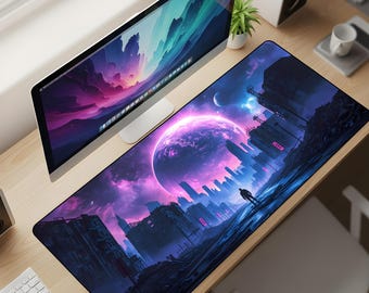 Cyberpunk Neon City Desk Mat XL – Purple Galaxy Skyline Mouse Pad, Futuristic Sci-Fi Extended Deskpad