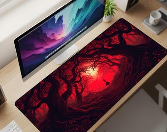 Scarlet Hollow Desk Mat XL – Crimson Forest Wanderer Mouse Pad, Gothic Woods Aesthetic Extended Deskpad