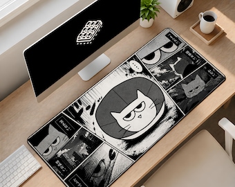 Tapete de mesa tamanho XL com estampa do Gato Rabugento em estilo mangá – 3 mm de espessura, superfície lisa, painel de quadrinhos japoneses, tapete de rato em formato de cone com estampa de gato, estilo anime retrô monocromático.