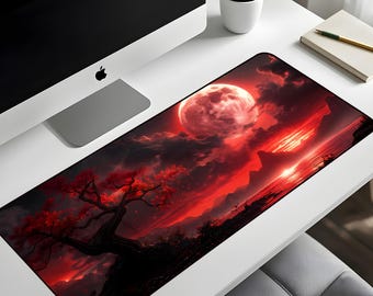 Blood Moon Sakura Desk Mat XL – Red Aesthetic Gaming Mouse Pad, Dark Fantasy Landscape Extended Deskpad