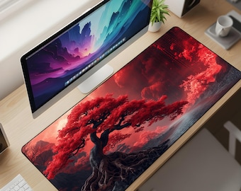Crimson Zenith Desk Mat XL – Mystic Bonsai Mouse Pad, Scarlet Horizon Aesthetic Extended Deskpad