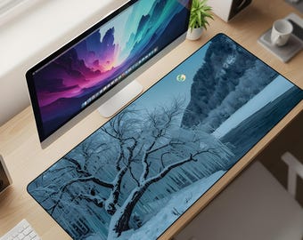 Frosted Willow Solitude Desk Mat XL – Winter Moonlight River Mouse Pad, Nordic Ice Aesthetic Extended Deskpad