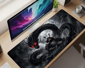 Shadow Dragon Samurai Desk Mat XL – Dark Fantasy Gaming Mouse Pad, Black Myth Warrior Extended Deskpad