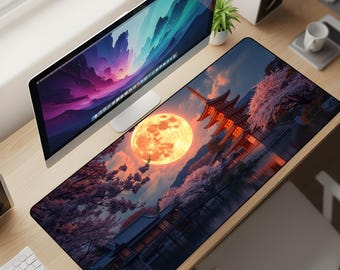 Japanese Temple Moon Desk Mat XL | Sakura Night Aesthetic Mouse Pad | Anime Style Desk Setup | Full Moon Landscape Gaming Mat