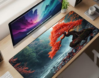 Crimson Bonsai River Desk Mat XL – Japanese Autumn Garden Mouse Pad, Zen Nature Aesthetic Extended Deskpad