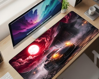 Crimson Moon Drift Desk Mat XL – JDM Night Racing Mouse Pad, Japanese Street Extended Deskpad