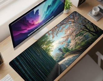 Bamboo Grove & Sakura Pagoda Desk Mat XL – Japanese Zen Nature Mouse Pad, Scenic Kyoto Garden Aesthetic Extended Deskpad