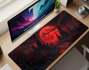 Blood Moon Citadel Desk Mat XL – Crimson Gothic City Mouse Pad, Dark Fantasy Empire Extended Deskpad