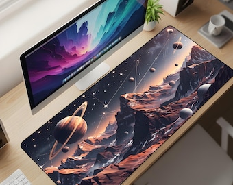 Cosmic Canyon Planets Desk Mat XL – Space Landscape Mouse Pad, Sci-Fi Galaxy Extended Deskpad