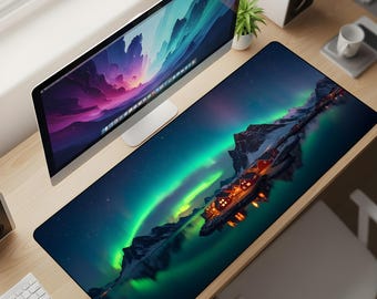 Aurora Fjord Haven Desk Mat XL – Northern Lights Village Mouse Pad, Arctic Night Aesthetic Extended Deskpad