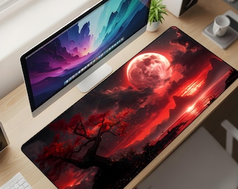 Blood Moon Sakura Desk Mat XL – Red Aesthetic Gaming Mouse Pad, Dark Fantasy Landscape Extended Deskpad