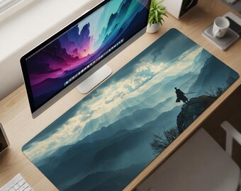 Lone Wanderer Peak Desk Mat XL – Misty Mountain Samurai Mouse Pad, Ethereal Highland Aesthetic Extended Deskpad