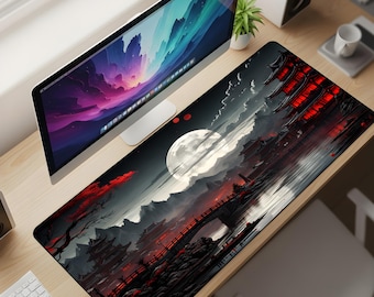 Lunar Pagoda Nocturne Desk Mat XL – Crimson Night Temple Mouse Pad, Samurai Aesthetic Ink-Style Extended Deskpad
