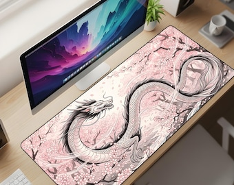 Cherry Blossom Dragon Desk Mat XL – Japanese Aesthetic Mouse Pad, Sakura Art Extended Deskpad