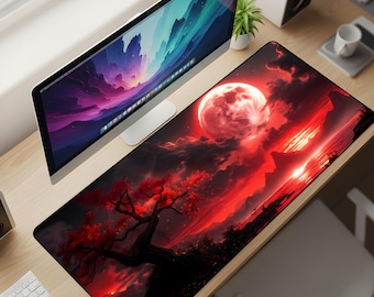 Crimson Moon Landscape Desk Mat XL – Dark Red Sky Gaming Mouse Pad, Aesthetic Fantasy Nature Extended Deskpad