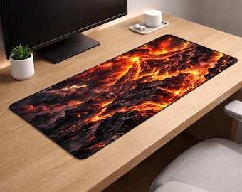 Volcanic Lava Desk Mat XL – Fiery Magma Gaming Mouse Pad, 3mm Thick Non-Slip Extended Deskpad