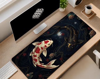Tapete de mesa tamanho XL Yin Yang Koi Pond – 3 mm de espessura, superfície lisa, tapete de rato com arte tradicional japonesa de peixes, tapete de mesa estendido Zen Lotus Water