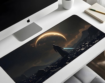 Sci-Fi Eclipse Desk Mat XL – Futuristic Space Traveler Mouse Pad, Dark Galaxy Extended Deskpad