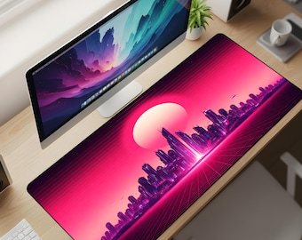 Retro Sunset Gaming Mouse Pad XL – Neon City Skyline Desk Mat, 3mm Thick Non-Slip Extended Mousepad