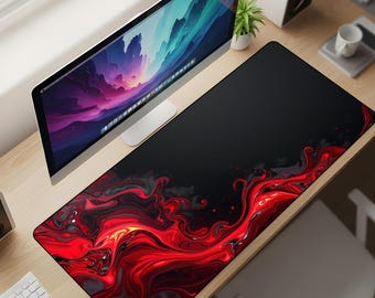 Crimson Tide Abstract Desk Mat XL – Molten Core Fluid Mouse Pad, Red & Black Liquid Marble Extended Deskpad