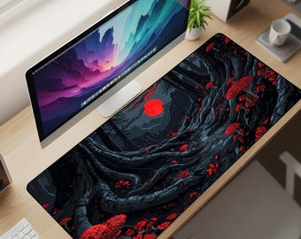 Blood-Moon Mycelium Desk Mat XL – Crimson Mushroom Forest Mouse Pad, Dark Eldritch Nature Extended Deskpad