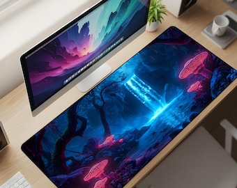 Bioluminescent Falls Desk Mat XL – Glowing Mushroom Forest Mouse Pad, Neon Jungle Oasis Extended Deskpad