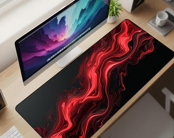 Crimson Flow Abstract Desk Mat XL – Red Liquid Marble Mouse Pad, Dark Red & Black Fluid Aesthetic Extended Deskpad
