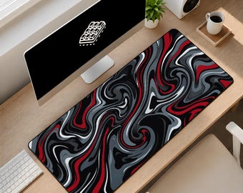 Tapete de mesa Crimson Swirl XL – Superfície lisa de 3 mm de espessura, tapete de rato abstrato com efeito hidrográfico, tapete de mesa moderno com ondas de mármore, tapete de mesa estético e extenso.