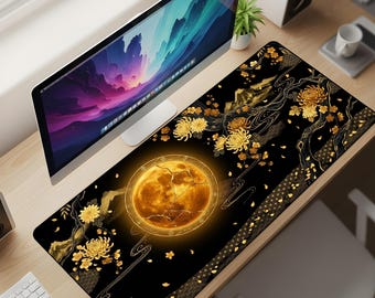 Black Gold Mouse Pad, Japanese Moon Playmat, Floral Landscape Desk Mat, Extended Gaming Mat, Premium Cloth Surface, 3mm Non-Slip Rubber Base