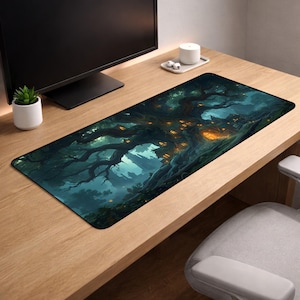 Alfombrilla de escritorio extragrande Fantasy Treehouse – Alfombrilla de ratón para juegos Bosque Mágico, Alfombrilla de escritorio extendida Noche Encantada