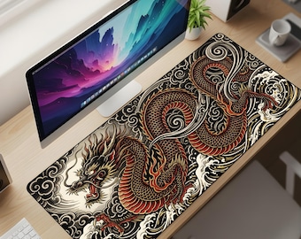 Traditional Dragon Wave Desk Mat XL – Japanese Tattoo Style Gaming Mouse Pad, Oriental Art Extended Deskpad