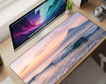 Ocean Sunset Waves Desk Mat, Beach Mouse Pad, Aesthetic Landscape Extended Gaming Mousepad, Smooth Cloth Surface Desk Decor, Non-Slip Rubber