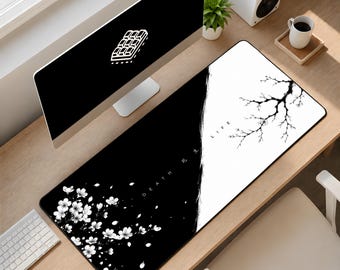 Tapete de mesa Duality Blossom XL – 3 mm de espessura, superfície lisa, tapete de rato Yin Yang Sakura, estética minimalista em preto e branco.
