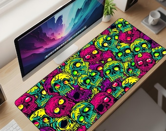 Neon Skull Chaos Desk Mat XL – Cyberpunk Graffiti Mouse Pad, Colorful Skull Aesthetic Extended Deskpad