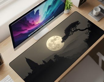 Lunar Heritage Desk Mat XL – Mystic Temple Landscape Mouse Pad, Ancient Horizon Aesthetic Extended Deskpad