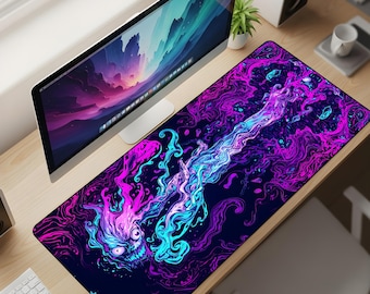 Psychedelic Horror Desk Mat XL – Cyberpunk Ghost Gaming Mouse Pad, Abstract Vaporwave Extended Deskpad