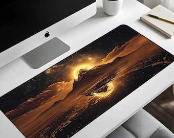 Golden Horizon Reflection Desk Mat XL – Sunset Ocean Gaming Mouse Pad, Cosmic Glow Extended Deskpad