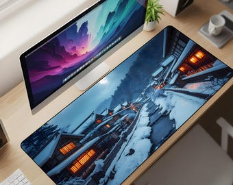 Snowfall Serenity Desk Mat XL – Japanese Winter Village Mouse Pad, Cozy Night Aesthetic Deskpad
