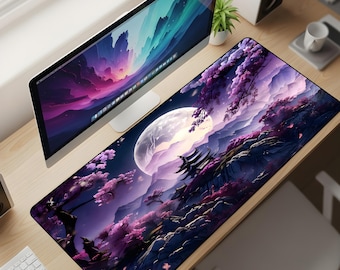 Violet Sakura Moonlight Desk Mat XL – Japanese Cherry Blossom Temple Mouse Pad, Lavender Night Aesthetic Extended Deskpad