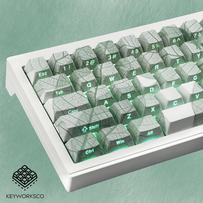 K&ouml;nnte beinhalten: Eine wei&szlig;e mechanische Tastatur mit individuellen Tastenkappen. Die Tastenkappen sind hellgrau mit einem blattartigen Muster. Die Tastatur hat eine gr&uuml;ne Hintergrundbeleuchtung. Der Markenname "KEYWORKSCO" ist unten links sichtbar.