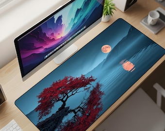 Crimson Zen Reflection Desk Mat XL – Midnight Lake & Red Maple Mouse Pad, Ethereal Nature Aesthetic Extended Deskpad