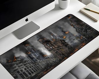 Apocalyptic City Desk Mat XL – Burning Cityscape Gaming Mouse Pad, Post Apocalyptic Extended Deskpad
