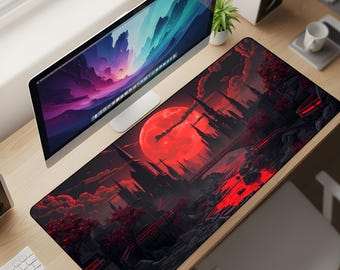 Crimson Eclipse Citadel Desk Mat XL – Blood Moon Skyline Mouse Pad, Dark Fantasy City Extended Deskpad