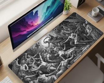 Tapete de mesa com anjos bíblicos e ascensão celestial – Design de gravura renascentista, tapete de rato extensível para jogos, tapete de jogo com superfície de tecido premium