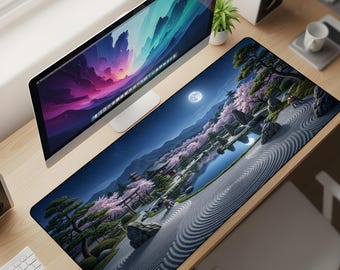 Zen Oasis Desk Mat XL – Midnight Rock Garden Mouse Pad, Kyoto Springtime Aesthetic Extended Deskpad