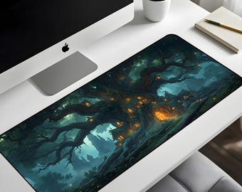 Fantasy Treehouse Desk Mat XL – Magical Forest Gaming Mouse Pad, Enchanted Night Extended Deskpad