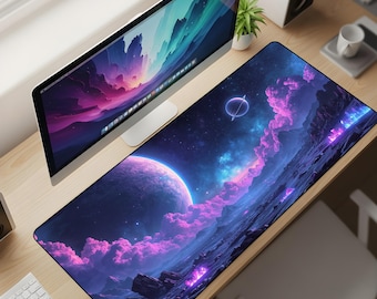 Luminous Orbit Desk Mat XL – Pink Nebula & Ringed Planet Mouse Pad, Interstellar Horizon Aesthetic Extended Deskpad