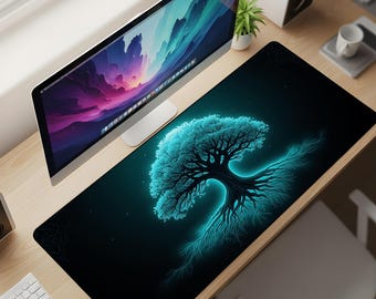 Azure Genesis Desk Mat XL – Glowing Tree of Life Mouse Pad, Cyan Bioluminescent Aesthetic Extended Deskpad