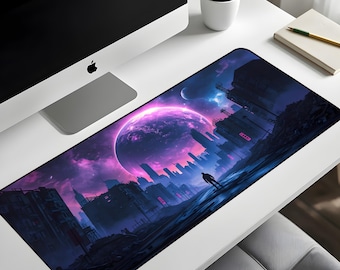 Cyberpunk Neon City Desk Mat XL – Purple Galaxy Skyline Mouse Pad, Futuristic Sci-Fi Extended Deskpad