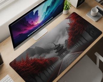 Crimson Path Pagoda Desk Mat XL – Monochrome Zen Landscape Mouse Pad, Red Foliage Aesthetic Extended Deskpad